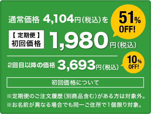 通常価格 4104円（税込）を【定期便】初回価格 51%OFFの1,980(税込) ｜2回目以降の価格 10%OFFの3,693円（税込）