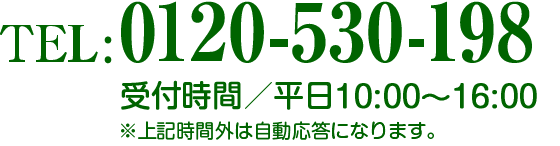 TEL：0120-530-198 受付時間／平日9：00〜17：00 ※上記時間外は自動等になります。
