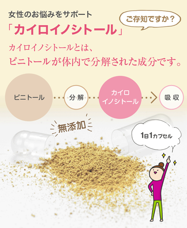 授かる力をサポートする妊活成分「カイロイノシトール」：カイロイノシトールとは、イロイノシトールとは、ピニトールが体内で分解された授かる力をサポートする成分です。