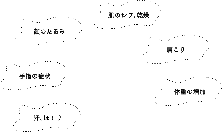 汗、ほてり｜手指の症状｜顔のたるみ｜肌のシワ、乾燥｜肩こり｜体重の増加