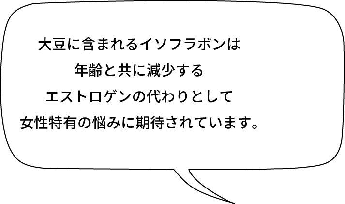 大豆に含まれるイソフラボンは年齢と共に減少するエストロゲンの代わりとして女性特有の悩みに期待されています。